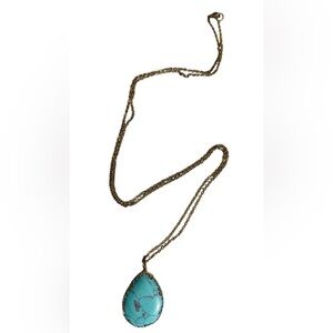 #743 Long Turquoise Teardrop Pendant Necklace Gold Tone Boho